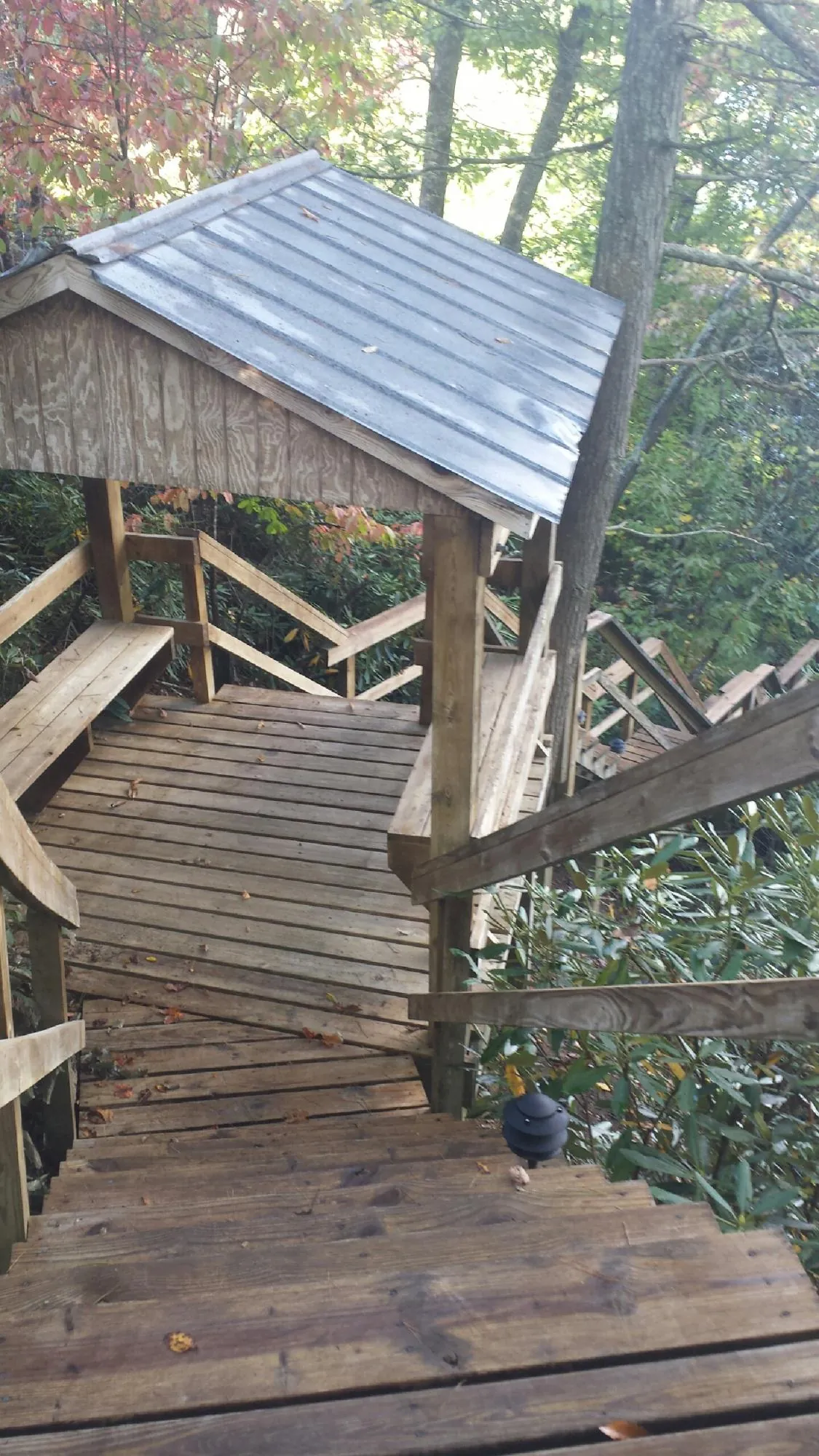 Metal roofed shelter over wooden steps on a wooded walkway — Skylight Repair & Installation work by our crew in Rushville
